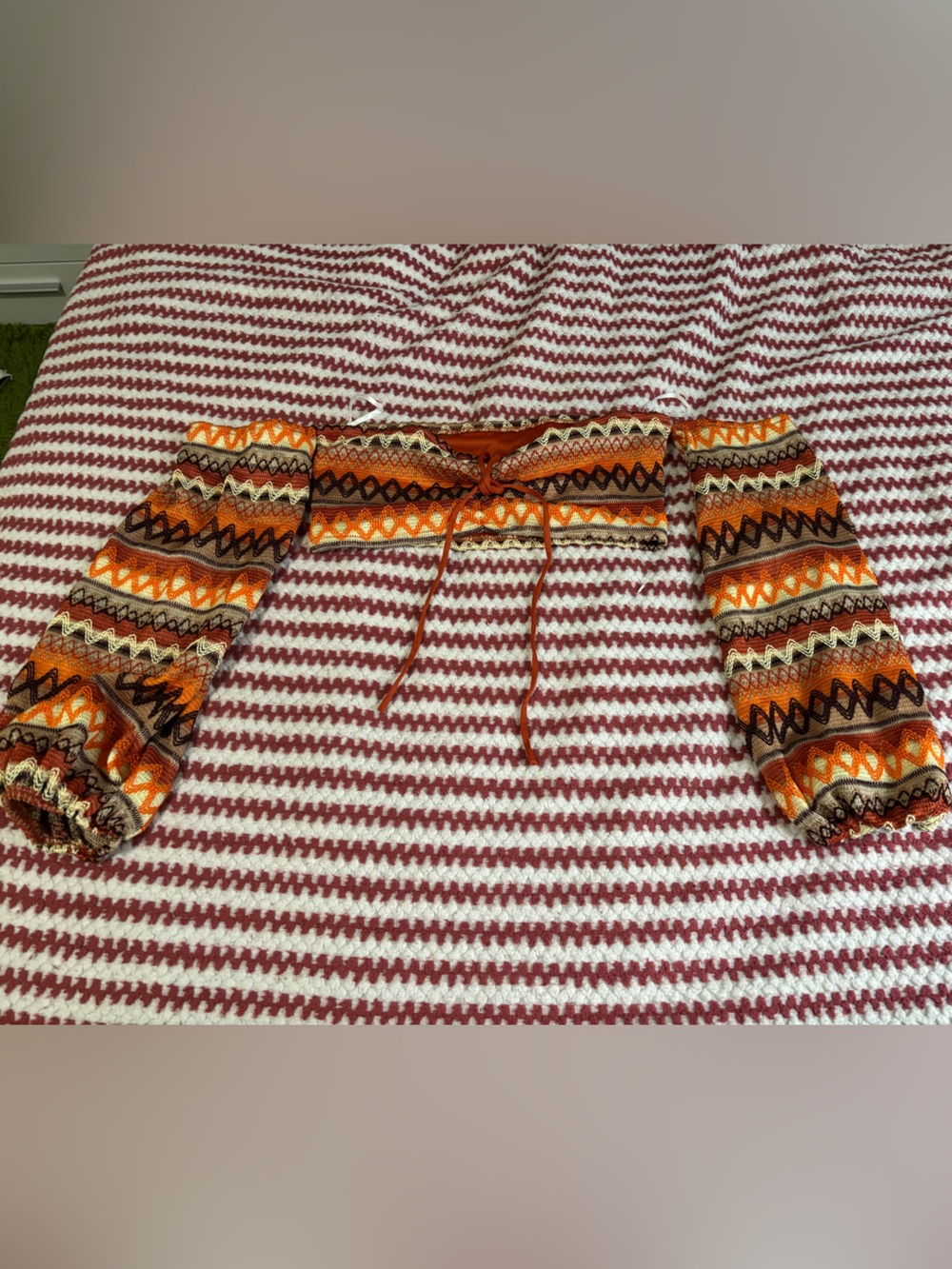 Orange Patterned Cropped Tie-Front Top